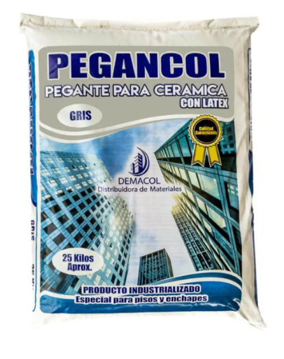 Saco de Pegancol Gris con látex de 25 kg para pisos y enchapes.